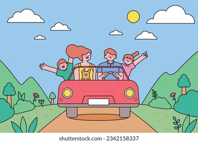 car driving holiday trip. Cute family is traveling by car on nature background.