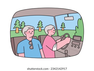 car driving holiday trip. An elderly couple is traveling by car to a place with natural scenery.