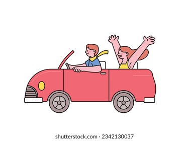 car driving holiday trip. Excited couple going on a road trip in a convertible.