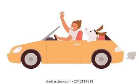 car driving holiday trip. A man and a dog are going on a road trip in a convertible.