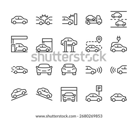 Car and Driving, icon set. Traffic, accidents, towing, parking, charging, navigation, electric car, sensors, speed, inspection, fuel station, road safety, transportation. Line with editable stroke