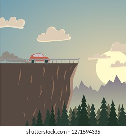 The car driving into the abyss in the warm colored sunset