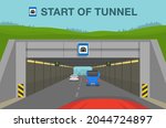 Car driving into mountain road tunnel. The meaning of blue tunnel road or traffic sign. View from inside of car. Flat vector illustration template.