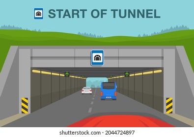 Car driving into mountain road tunnel. The meaning of blue tunnel road or traffic sign. View from inside of car. Flat vector illustration template.