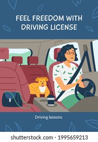 Car driving licence permit banner or poster template with woman driver cartoon character, flat vector illustration. Driving school promotion banner design.