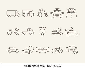 Car driving line icon set. Camper, bike, electric car. Transport concept. Can be used for topics like vehicle, travel, trip