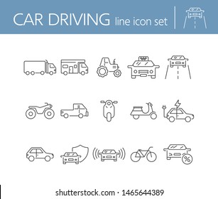 Car driving line icon set. Camper, bike, electric car. Transport concept. Can be used for topics like vehicle, travel, trip