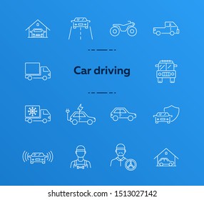 Car driving line icon set. Semi truck, vehicle, driver. Transport concept. Can be used for topics like delivery, logistics, courier service