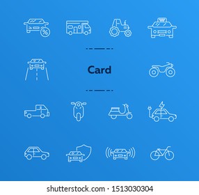 Car driving line icon set. Camper, bike, electric car. Transport concept. Can be used for topics like vehicle, travel, trip