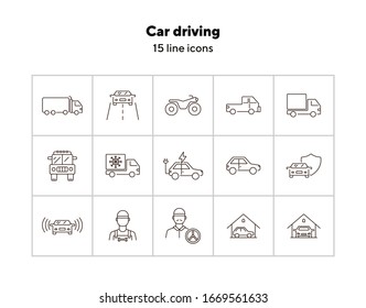 Car driving line icon set. Semi truck, vehicle, driver. Transport concept. Can be used for topics like delivery, logistics, courier service