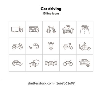 Car driving line icon set. Camper, bike, electric car. Transport concept. Can be used for topics like vehicle, travel, trip