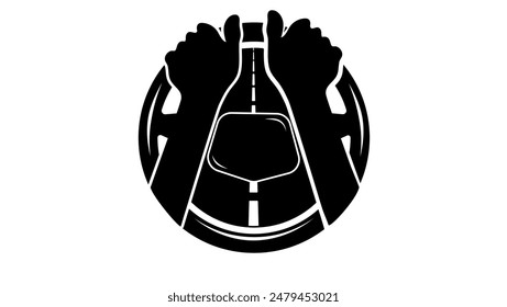 car driving logo, hands on wheel, black isolated silhouette