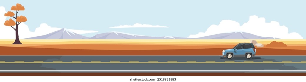 Car with driving man. solitary tree stands tall against a backdrop of vast evening grasslands. Asphalt road stretches into the distance, offering new horizons. A perfect fall day for a scenic drive.