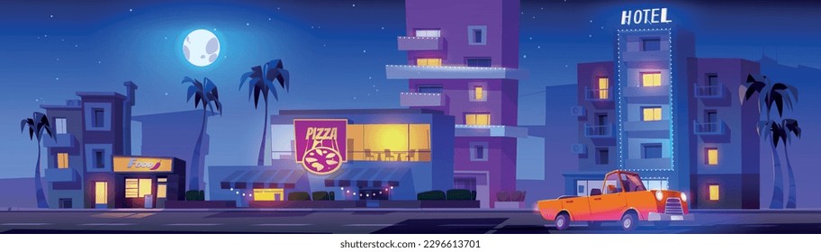 Car driving night Miami city street with buildings, palm trees. Vector cartoon illustration of hotel, food shop, pizza restaurant, cabriolet auto riding urban road, full moon, many stars in sky