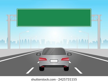 Car Driving on Asphalt Highway Road. Vector Illustration. 