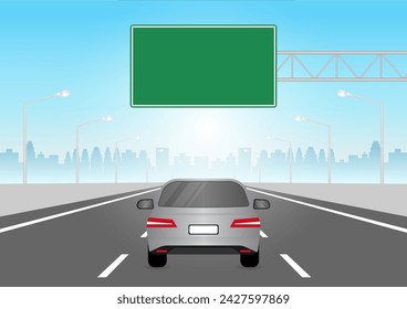 Car Driving on Asphalt Highway Road. Vector Illustration. 