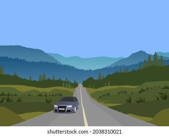 Das Auto fuhr auf einer Autobahn durch einen Wald mit Bergen und Himmel im Hintergrund.
