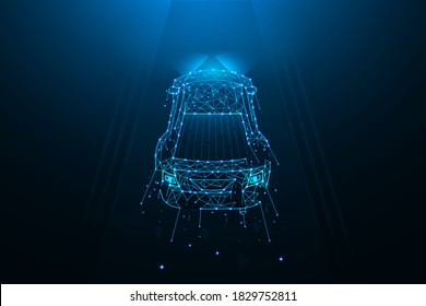 Car driving on the road polygonal vector illustration. A car made of lines and dots on a dark blue background