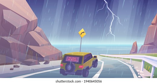 Car driving on road to sea beach in rain