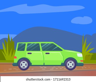 Car driving on road vector, flat style hotrod type of transport. Transportation on nature mountains, automobile riding on street with bushes vehicle illustration in flat style design for web, print
