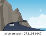 Car driving on a winding mountain road along a cliff, scenic landscape, adventure travel and transportation concept, vector illustration.