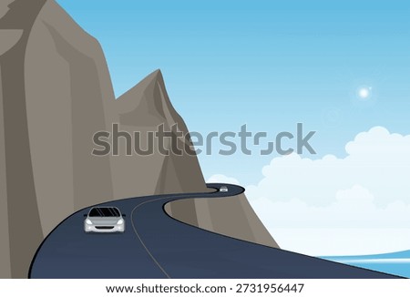Car driving on a winding mountain road along a cliff, scenic landscape, adventure travel and transportation concept, vector illustration.