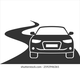 The car is driving on the winding road. Abstract  road going to the distance. Black icon on a white background. Vector logo car front view on the road.