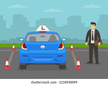 Car driving practice with red cones. Student driver driving a blue car. Back view. Male instructor controls examination. Flat vector illustration template.