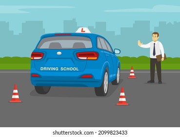 Car driving practice test with red cones. Student driver driving a blue suv car. Back view. Instructor makes a stop gesture with his hand. Flat vector illustration template.