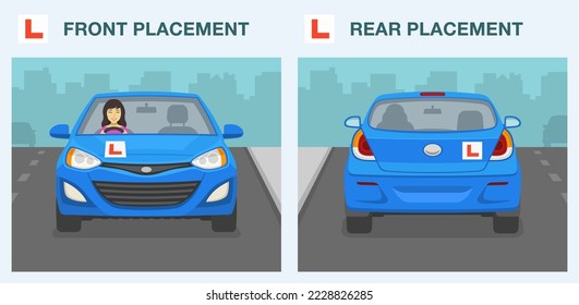 Car driving practicing. Female student driver holds steering wheel. Correct and incorrect learner's plate placement on vehicle. Front and rear view. Flat vector illustration template.