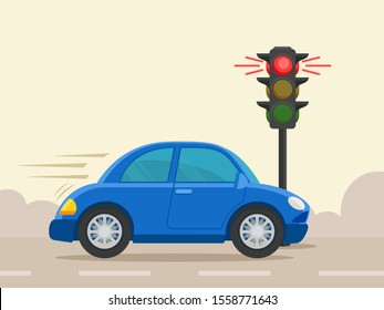 Car Driving At Red Traffic Light Signal. Traffic Violation And Illegal Over Speed Limit. Vector Illustration, Flat Design Cartoon Style. Isolated Background.