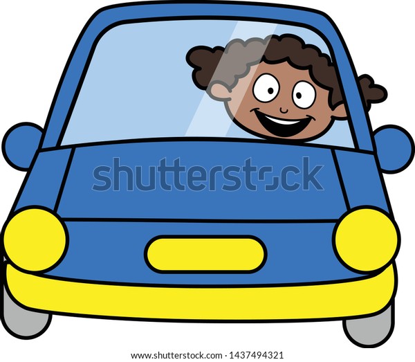 Car Driving - Retro Black Office Girl\
Cartoon Vector\
Illustration