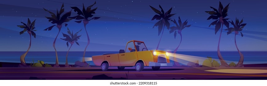 Car driving road along night beach. Automobile travel at tropical landscape with palm trees along ocean coastline under dark starry sky. Panoramic background with highway, Cartoon vector illustration