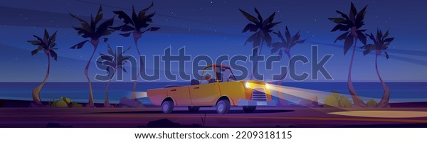 Car driving road along night beach.\
Automobile travel at tropical landscape with palm trees along ocean\
coastline under dark starry sky. Panoramic background with highway,\
Cartoon vector\
illustration