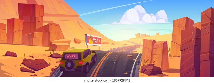 Car driving road in desert or canyon, jeep riding asphalt highway travel route with ad billboard and rocks around. Roadway landscape with skyline, rocky barren wasteland, Cartoon vector illustration