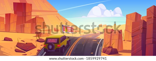 Car driving road in desert or canyon, jeep\
riding asphalt highway travel route with ad billboard and rocks\
around. Roadway landscape with skyline, rocky barren wasteland,\
Cartoon vector\
illustration