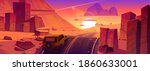 Car driving road at sunset desert or canyon beautiful landscape with red orange sky and sun down. Jeep travel, riding asphalt highway route with dusk skyline, rocky barren, Cartoon vector illustration