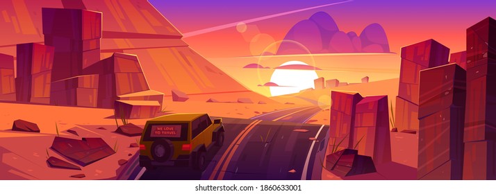 Car driving road at sunset desert or canyon beautiful landscape with red orange sky and sun down. Jeep travel, riding asphalt highway route with dusk skyline, rocky barren, Cartoon vector illustration
