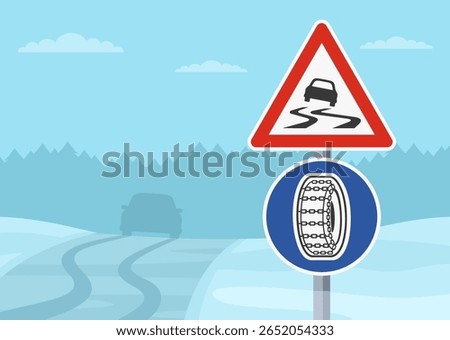 Car driving rules and tips. Close-up of a "slippery road and mandatory usage of snow chains" signs. Winter season country frozen road scene. Flat vector illustration template.