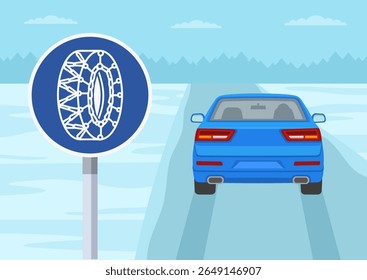 Regras de condução de carro e dicas na estação de inverno. Vista de perto de um sinal de "corrente de neve obrigatória". Vista traseira de um carro que viaja na estrada congelada do país. Modelo de ilustração de vetor plano.