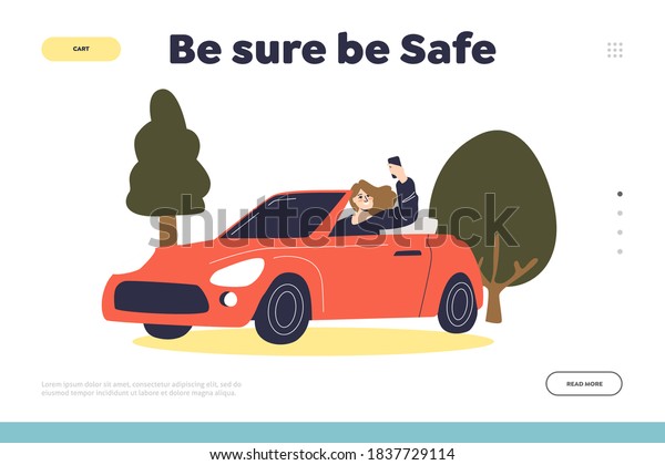 Car\
driving safety landing page concept with woman driver making selfie\
photos on smartphone while riding vehicle on road. Danger of using\
phone while drive template. Vector\
illustration