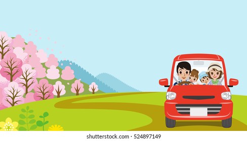 Car Driving In Spring Nature, Young Family  - Front View
