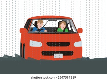 A car driving through a disaster and heavy rain. Vector illustration of a frightened driver and a woman in the passenger seat