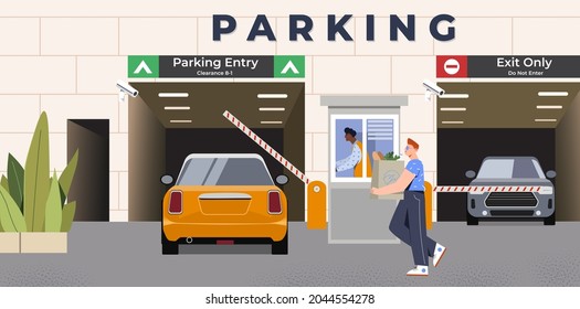Car is driving through entrance with barrier on underground parking. Scene with male guard in booth opening gate to let driver to drive into parking lot. Flat cartoon vector illustration