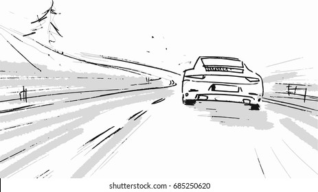 Car driving through the road. Vector sketch illustration for advertise, insurance company, storyboard, project