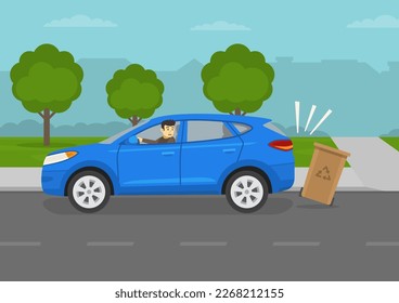 Car driving tips and outdoor parking rules. Upset driver is looking back from the open window. Driver hits the trash container while reversing. Flat vector illustration template. svg
