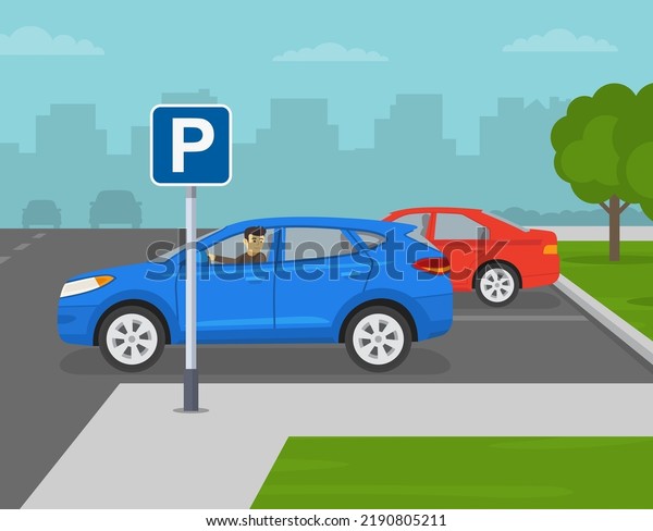 Car driving tips and\
outdoor parking rules. Young male driver is looking back from the\
open window while parking reverse. Flat vector illustration\
template.
