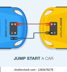 Car driving tips and rules. How to jump start a car. Top view. Flat vector illustration template. svg