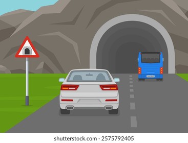 Car driving tips and traffic regulation. Back view of a steam of cars entering the tunnel. British tunnel ahead sign. Flat vector illustration template.