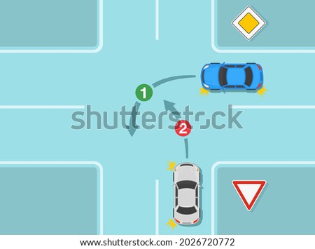 Car driving tips and traffic regulation rules. Main or priority road and give way sign rule. Cars on cross intersection. Turning priority on crossroad infographic. Flat vector illustration template.